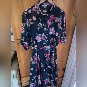 Calvin Klein Navy Blue Floral Midi Shirt Dress Size 14